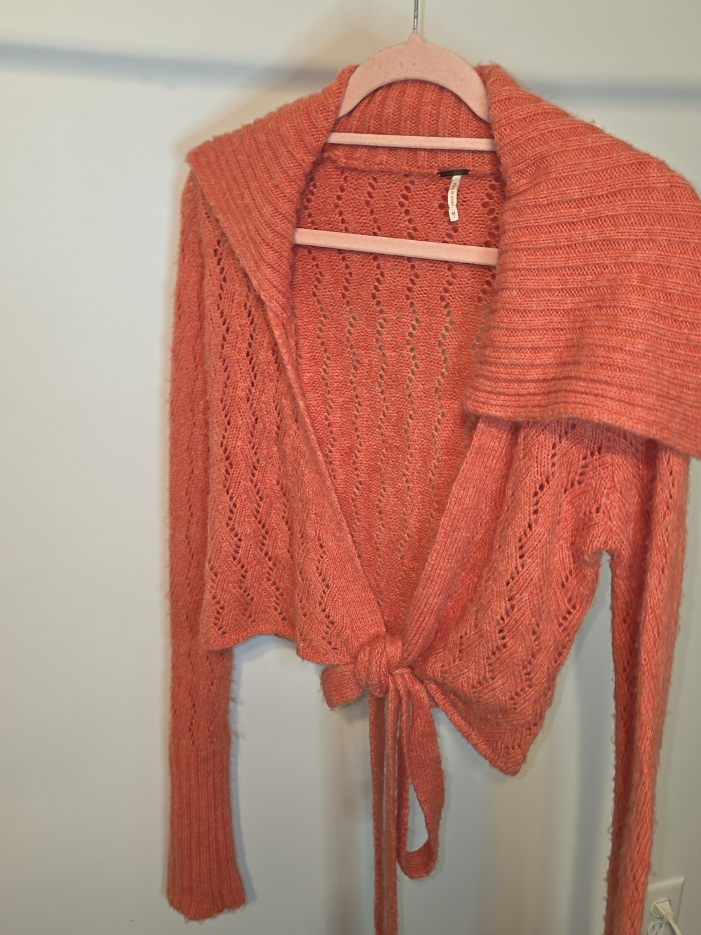 Free People Coral Tie-Front Open Weave Cardigan small hole in sleeve see pic